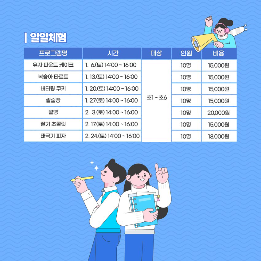 일일체험 (프로그램명 / 시간 / 대상 / 인원 / 비용) 유자 파운드 케이크 / 1. 6.(토) 14:00~16:00 / 초1~초6 / 10명 / 15,000원 복숭아 타르트 / 1. 13.(토) 14:00~16:00 / 초1~초6 / 10명 / 15,000원 버터링 쿠키 / 1. 20.(토) 14:00~16:00 / 초1~초6 / 10명 / 15,000원 쌀술빵/ 1. 27.(토) 14:00~16:00 / 초1~초6 / 10명 / 15,000원 월병 / 2. 3.(토) 14:00~16:00 / 초1~초6 / 10명 / 20,000원 딸기 초콜릿 / 2. 17.(토) 14:00~16:00 / 초1~초6 / 10명 / 15,000원 태극기 피자 / 2. 24.(토) 14:00~16:00 / 초1~초6 / 10명 / 18,000원